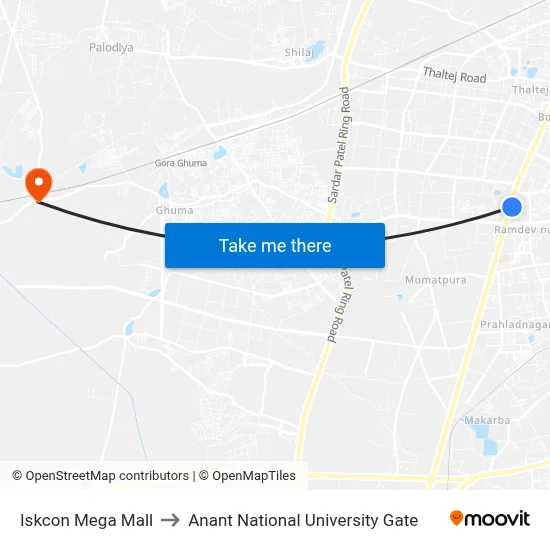 Iskcon Mega Mall to Anant National University Gate map