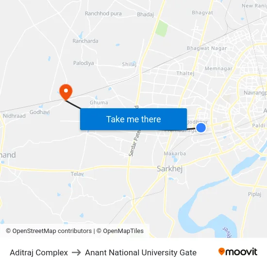 Aditraj Complex to Anant National University Gate map