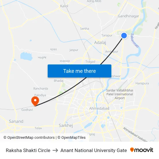 Raksha Shakti Circle to Anant National University Gate map
