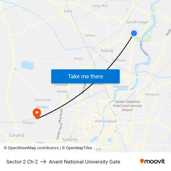 Sector-2 Ch-2 to Anant National University Gate map