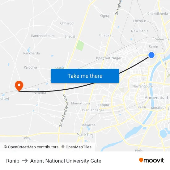 Ranip to Anant National University Gate map