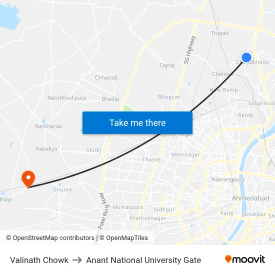 Valinath Chowk to Anant National University Gate map