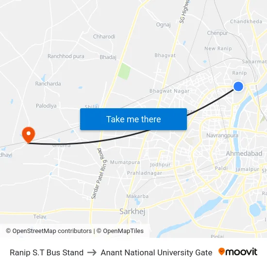 Ranip S.T Bus Stand to Anant National University Gate map