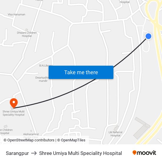 Sarangpur to Shree Umiya Multi Speciality Hospital map