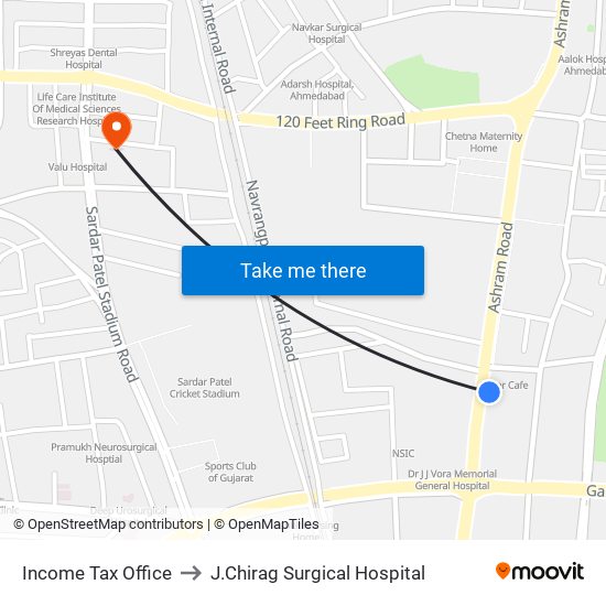 Income Tax Office to J.Chirag Surgical Hospital map