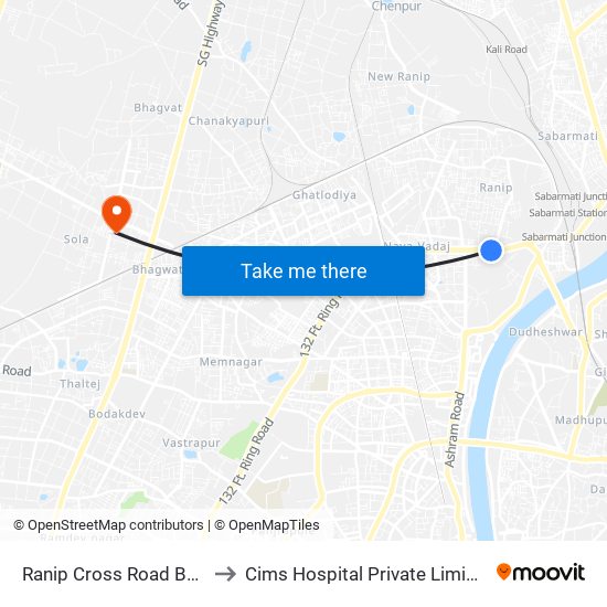 Ranip Cross Road BRTS to Cims Hospital Private Limieted map
