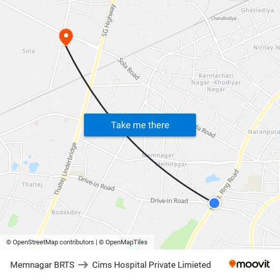 Memnagar BRTS to Cims Hospital Private Limieted map