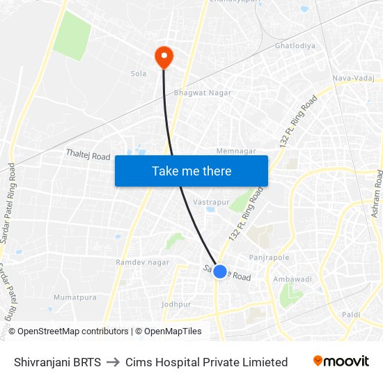 Shivranjani BRTS to Cims Hospital Private Limieted map