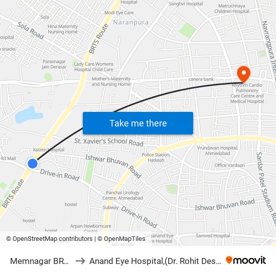 Memnagar BRTS to Anand Eye Hospital,(Dr. Rohit Desai) map
