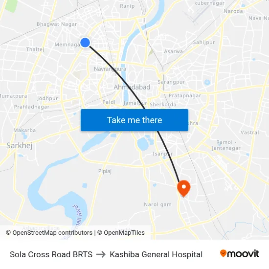 Sola Cross Road BRTS to Kashiba General Hospital map