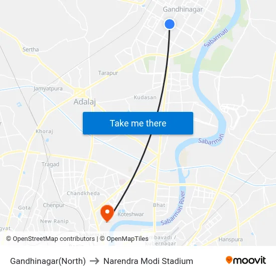 गांधीनगर(उत्तर) to नरेंद्र मोदी स्टेडियम map