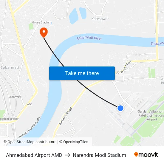 Ahmedabad Airport AMD to Narendra Modi Stadium map