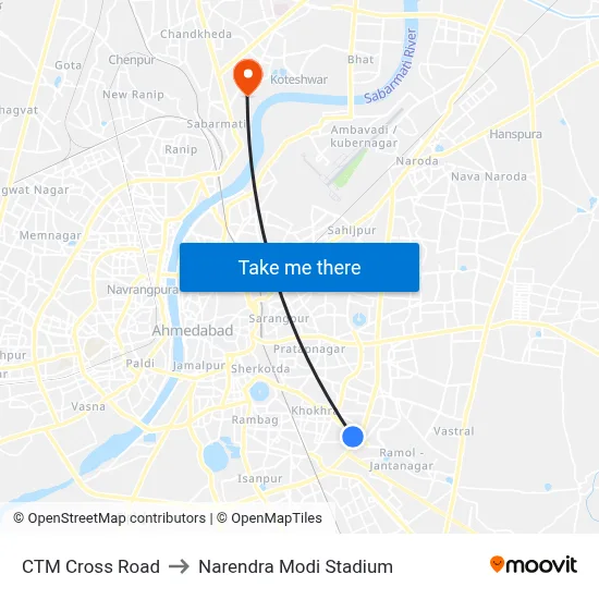 सीटीएम क्रॉस रोड to नरेंद्र मोदी स्टेडियम map