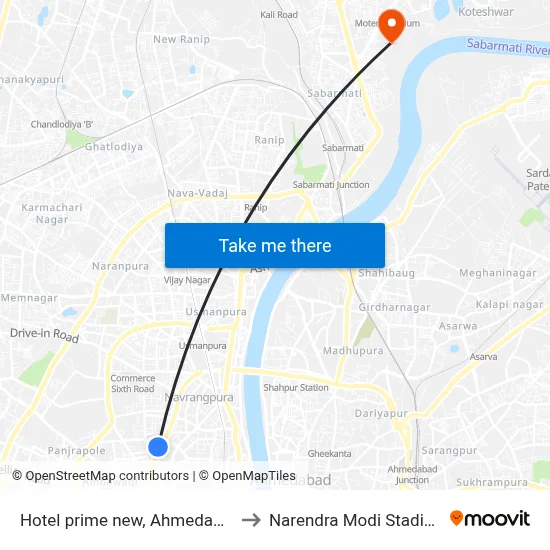 Hotel prime new, Ahmedabad to नरेंद्र मोदी स्टेडियम map
