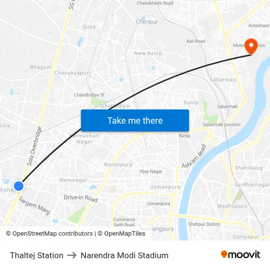 Thaltej Station to नरेंद्र मोदी स्टेडियम map