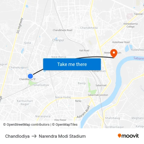 चंदलोडिया to नरेंद्र मोदी स्टेडियम map
