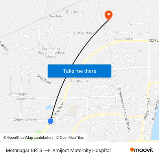 Memnagar BRTS to Amijeet Maternity Hospital map