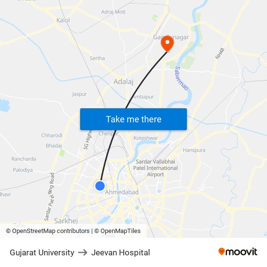 Gujarat University to Jeevan Hospital map