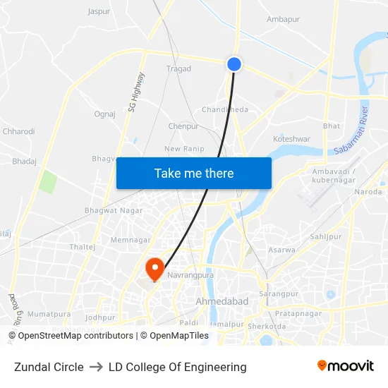 Zundal Circle to LD College Of Engineering map