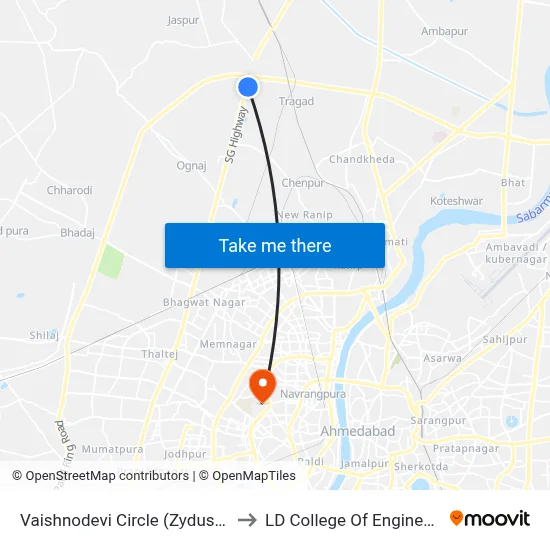 वैष्णोदेवी सर्कल (जायडस लाइफ) to एलडी कॉलेज ऑफ इंजीनियरिंग map