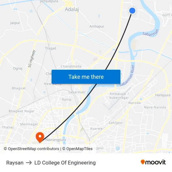Raysan to LD College Of Engineering map