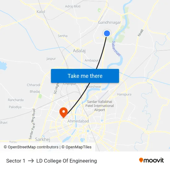 Sector 1 to LD College Of Engineering map