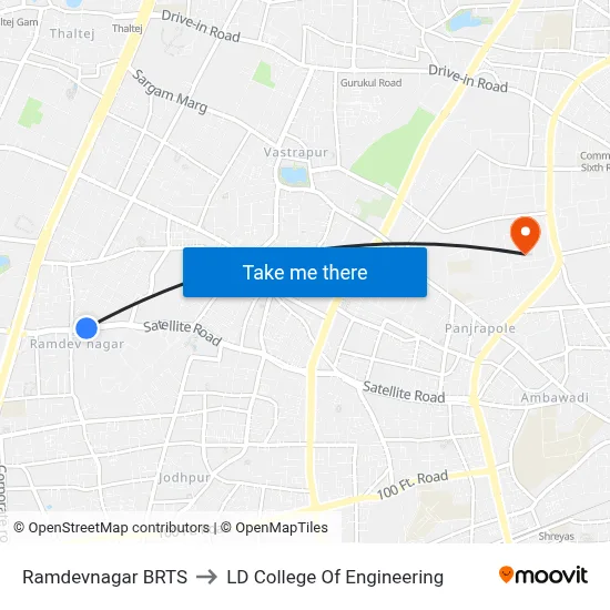 Ramdevnagar BRTS to LD College Of Engineering map