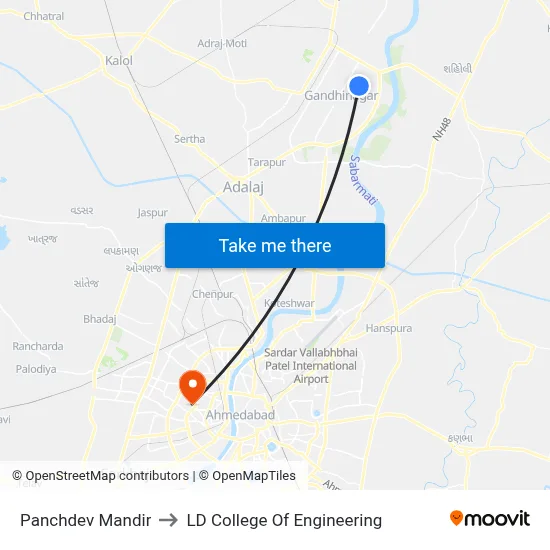 Panchdev Mandir to LD College Of Engineering map