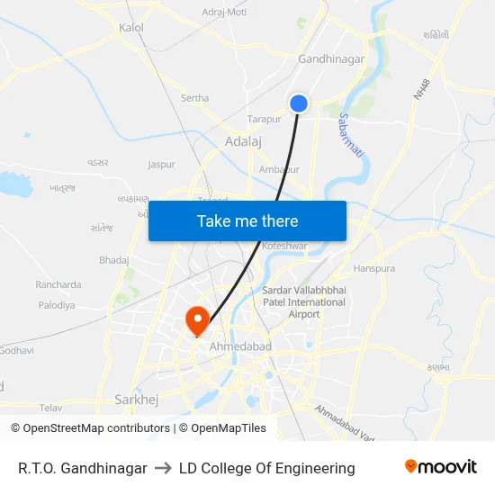 R.T.O. Gandhinagar to LD College Of Engineering map
