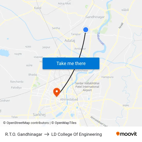R.T.O. Gandhinagar to LD College Of Engineering map