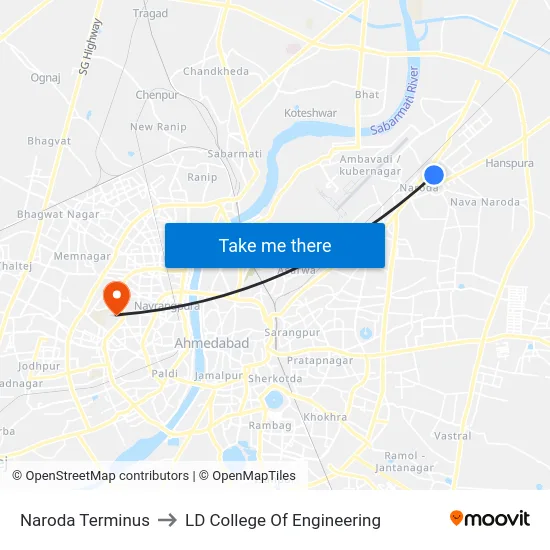 Naroda Terminus to LD College Of Engineering map