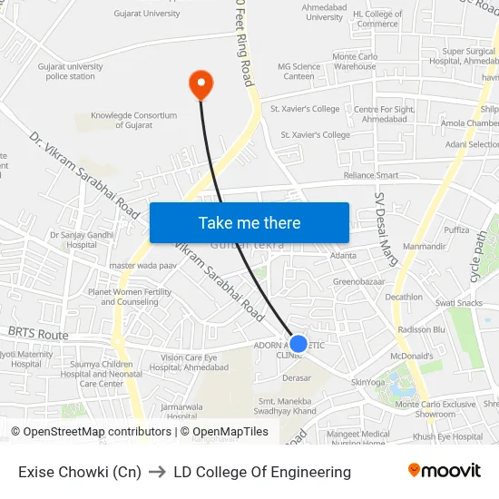 Exise Chowki (Cn) to LD College Of Engineering map