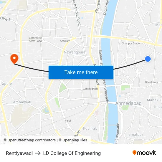 Rentiyawadi to LD College Of Engineering map