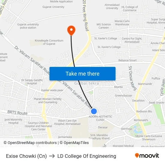 Exise Chowki (Cn) to LD College Of Engineering map