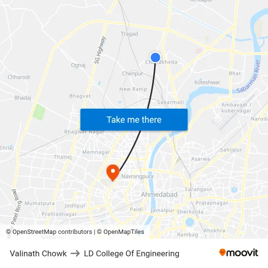 Valinath Chowk to LD College Of Engineering map