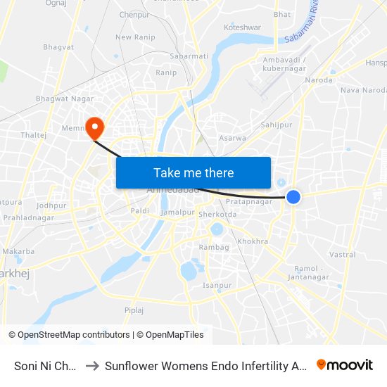 Soni Ni Chali BRTS to Sunflower Womens Endo Infertility And Hospital Pvt. Ltd. map