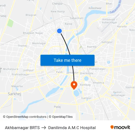 Akhbarnagar BRTS to Danilimda A.M.C Hospital map