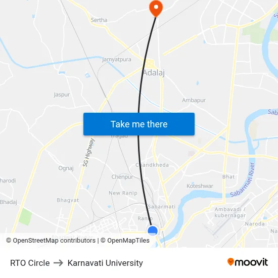RTO Circle to Karnavati University map