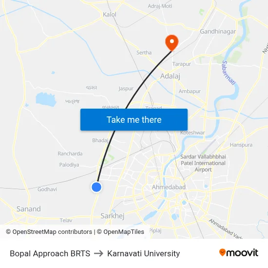 Bopal Approach BRTS to Karnavati University map