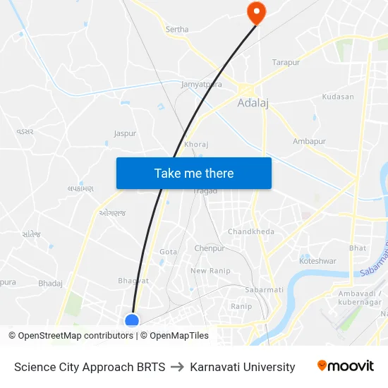 Science City Approach BRTS to Karnavati University map