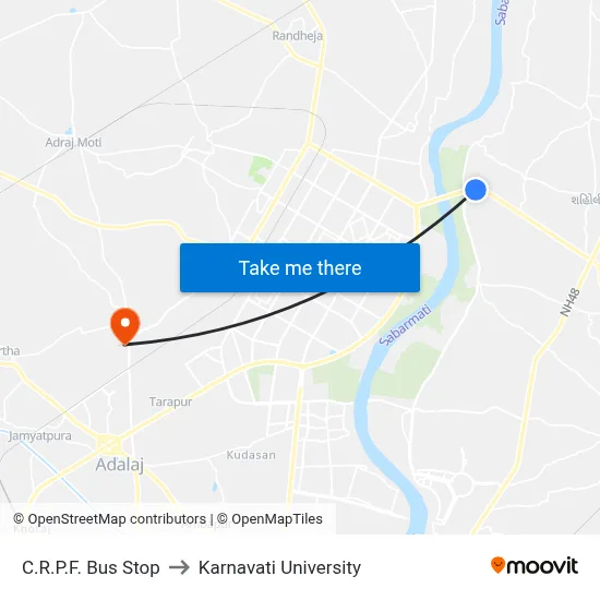C.R.P.F. Bus Stop to Karnavati University map