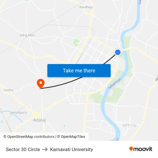 Sector 30 Circle to Karnavati University map