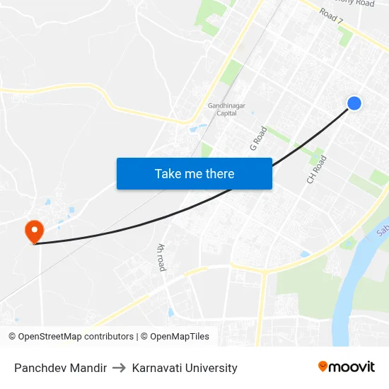 Panchdev Mandir to Karnavati University map