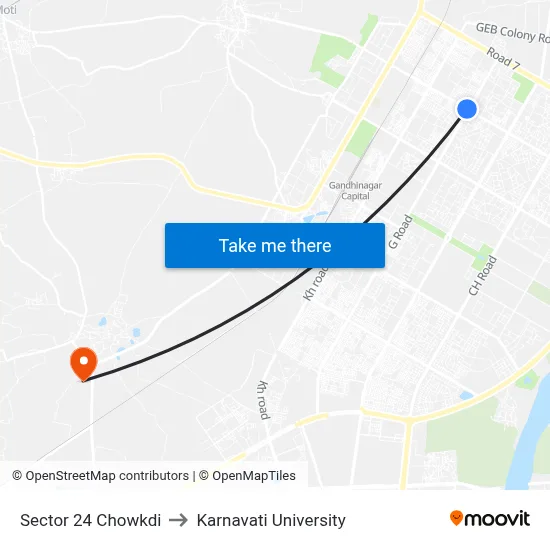 Sector 24 Chowkdi to Karnavati University map