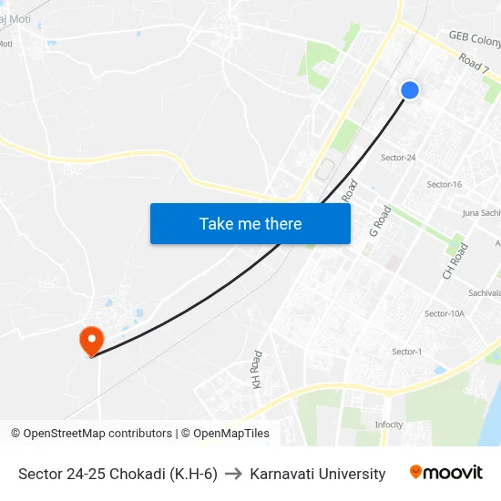 Sector 24-25 Chokadi (K.H-6) to Karnavati University map