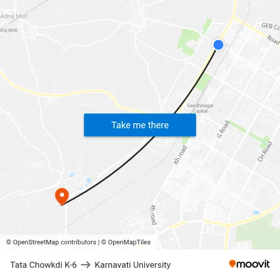 Tata Chowkdi K-6 to Karnavati University map