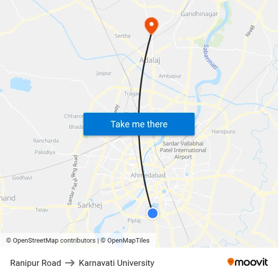 Ranipur Road to Karnavati University map