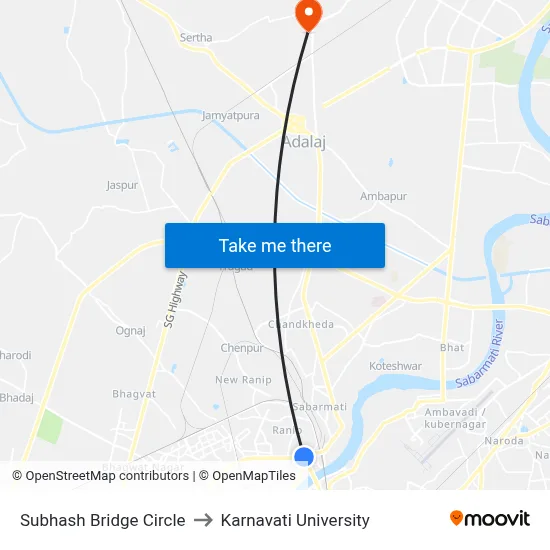 Subhash Bridge Circle to Karnavati University map