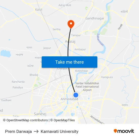 Prem Darwaja to Karnavati University map