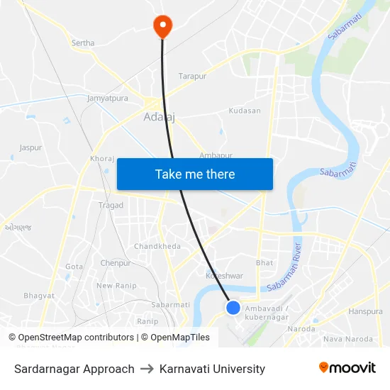 Sardarnagar Approach to Karnavati University map